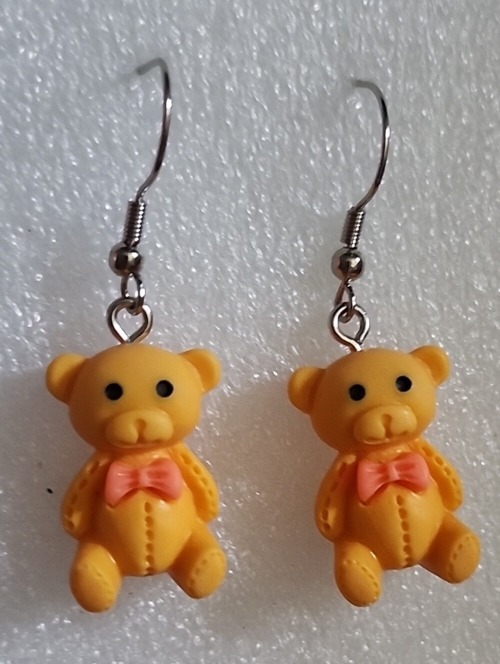 Hand Crafted Yellow Teddy Bear Dangle Earrings with Pink Bow